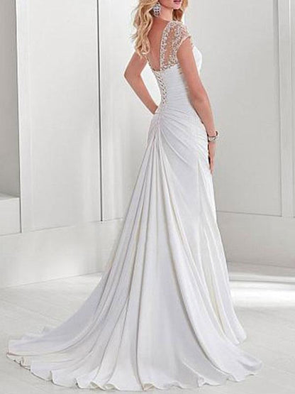 Simple Wedding Dress Spandex Sweetheart Short Sleeves Beaded Mermaid Bridal Dresses