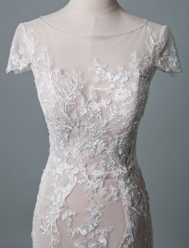 Simple Mermaid Wedding Dress Short Sleeves Lace Bridal Gowns With Train