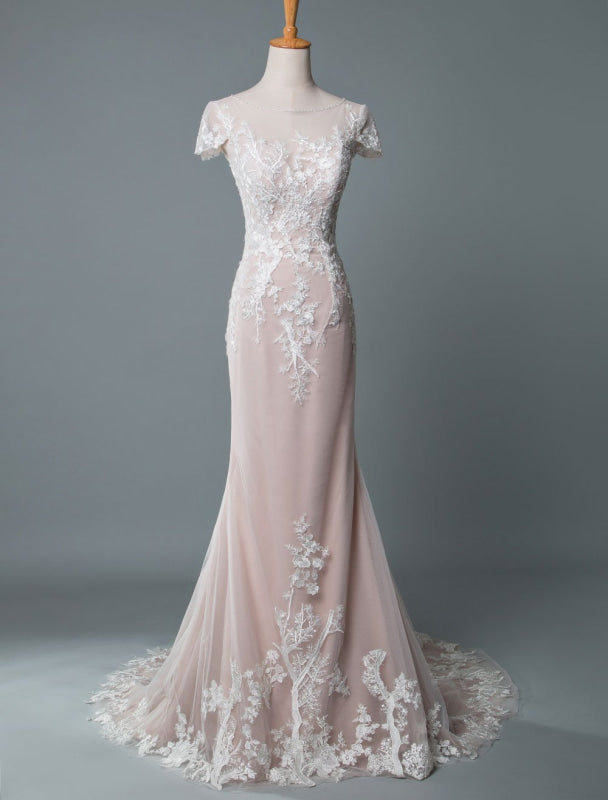 Simple Mermaid Wedding Dress Short Sleeves Lace Bridal Gowns With Train