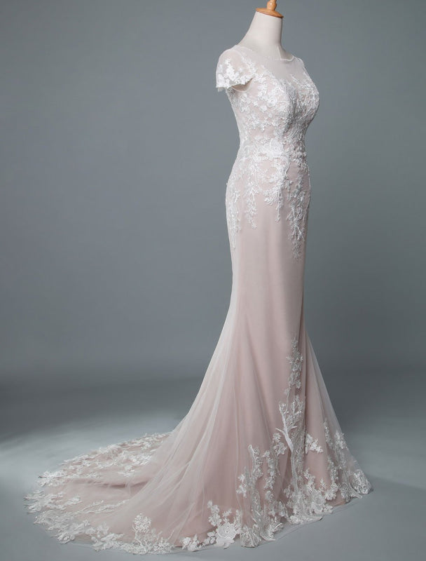 Simple Mermaid Wedding Dress Short Sleeves Lace Bridal Gowns With Train