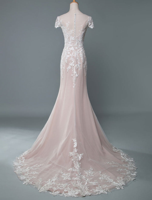 Simple Mermaid Wedding Dress Short Sleeves Lace Bridal Gowns With Train