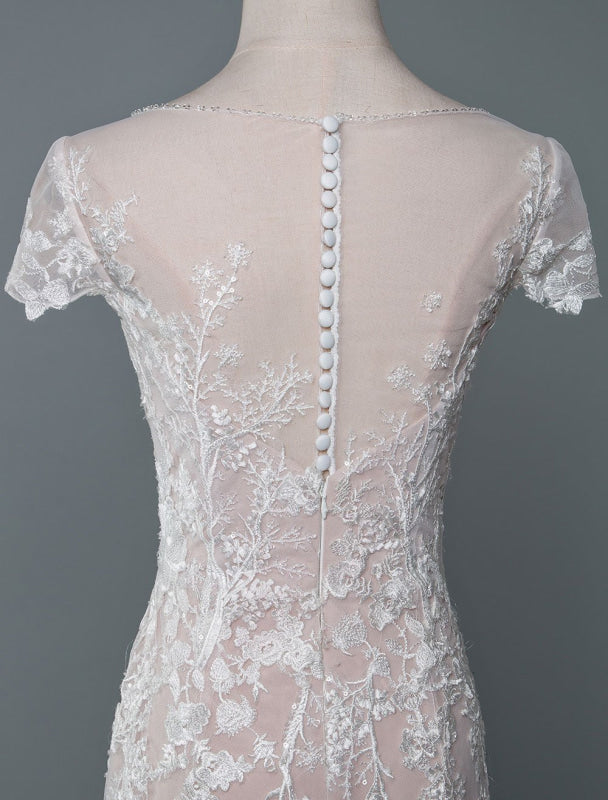 Simple Mermaid Wedding Dress Short Sleeves Lace Bridal Gowns With Train
