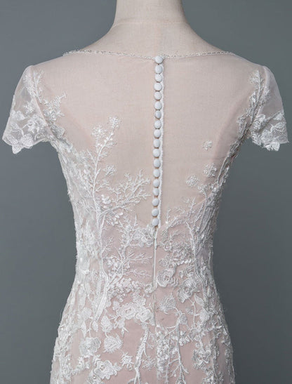 Simple Mermaid Wedding Dress Short Sleeves Lace Bridal Gowns With Train