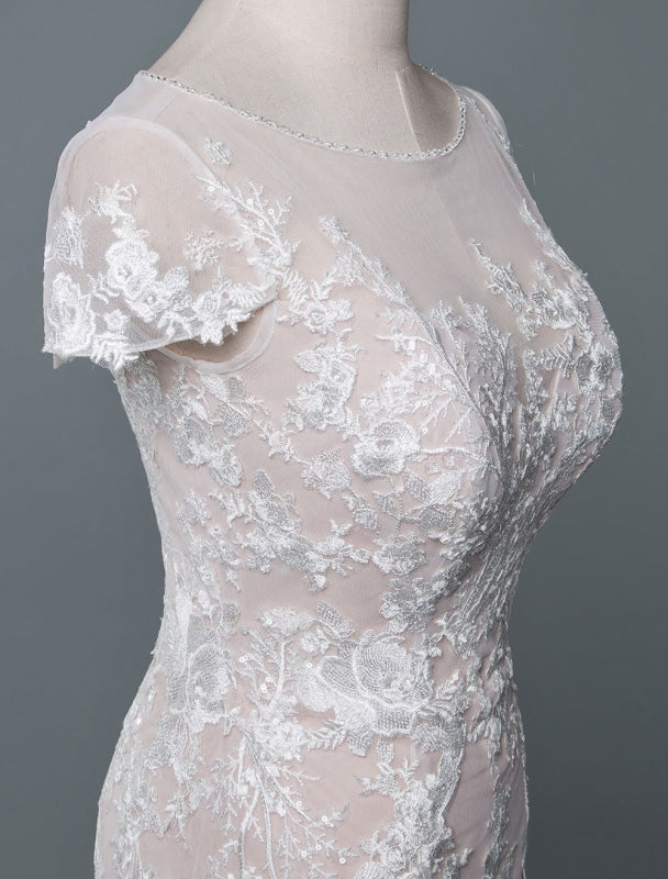 Simple Mermaid Wedding Dress Short Sleeves Lace Bridal Gowns With Train
