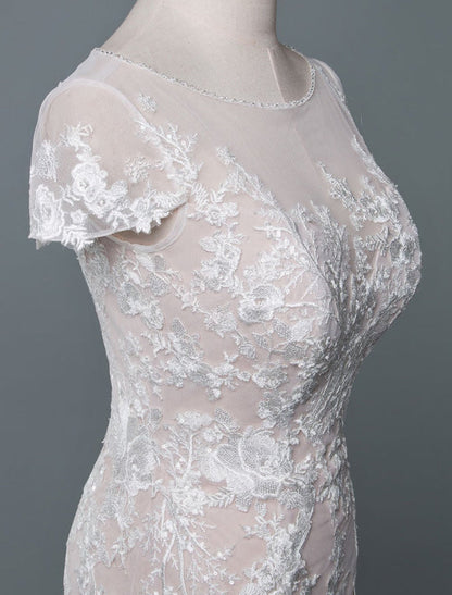 Simple Mermaid Wedding Dress Short Sleeves Lace Bridal Gowns With Train