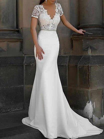 Lace V Neck Wedding Dress Mermaid Short Sleeves Beaded Bridal Dresses With Sash