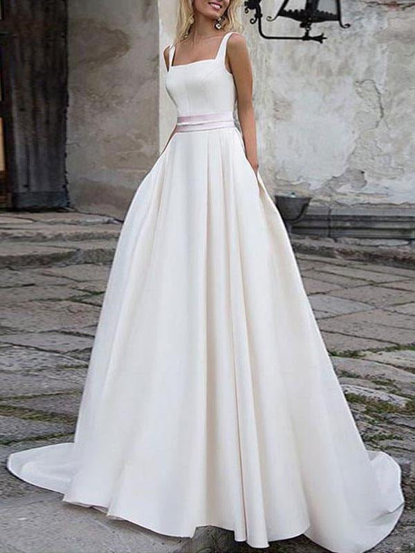Simple Wedding Dress Satin Square Neck Sleeveless Sash A Line Bridal Gowns
