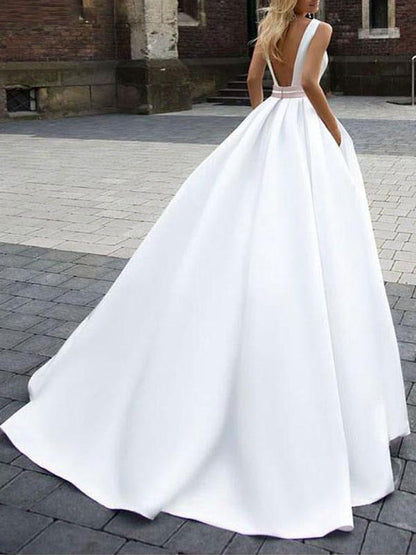 Simple Wedding Dress Satin Square Neck Sleeveless Sash A Line Bridal Gowns