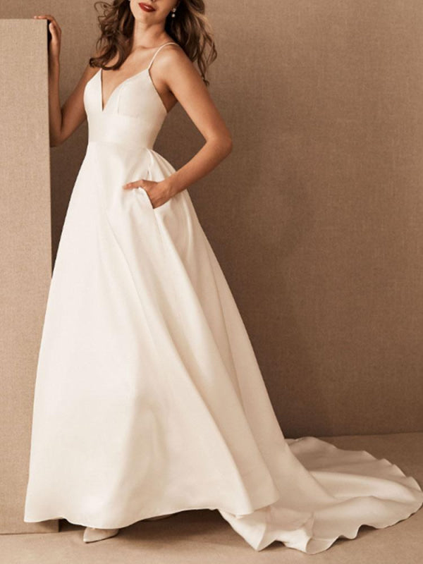 Simple Wedding Dress Satin V Neck Sleeveless A Line Bridal Gowns with Pockets