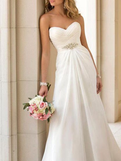 Simple Wedding Dress Sheath Sweetheart Sleeveless Pleated Bridal Dresses With Train