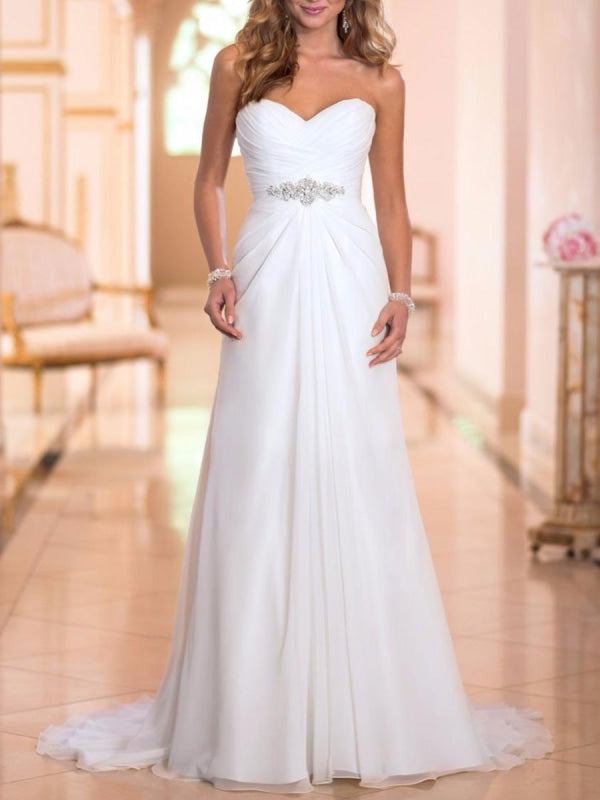 Simple Wedding Dress Sheath Sweetheart Sleeveless Pleated Bridal Dresses With Train