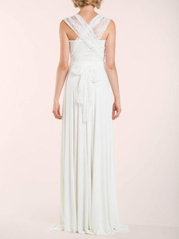 Simple Wedding Dress Sheath V Neck Sleeveless Pleated Floor Length With Train Lace Bridal Dresses