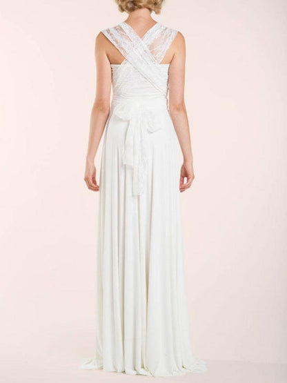 Simple Wedding Dress Sheath V Neck Sleeveless Pleated Floor Length With Train Lace Bridal Dresses