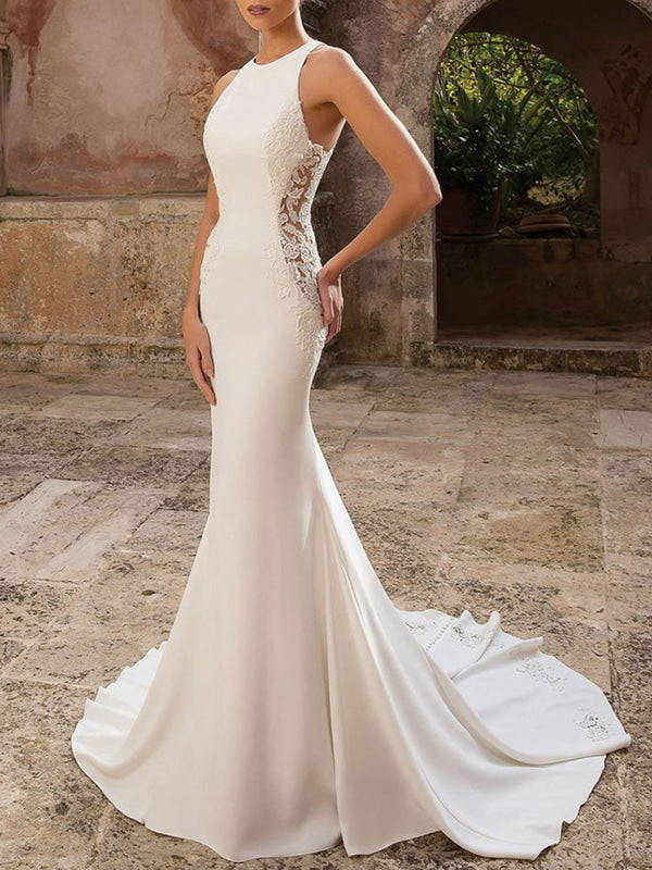 Simple Wedding Dress Spandex Jewel Neck Sleeveless Lace Mermaid Bridal Dresses