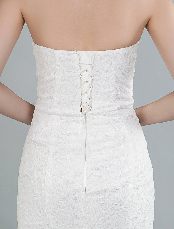 Simple Wedding Dress Strapless Sleeveless Lace Mermaid Bridal Gowns With Train