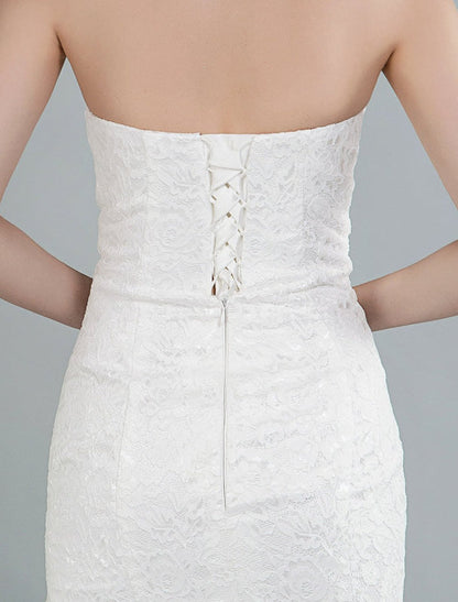 Simple Wedding Dress Strapless Sleeveless Lace Mermaid Bridal Gowns With Train