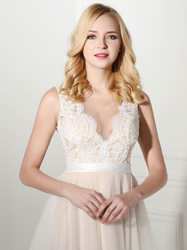 Simple Wedding Dress Tulle Jewel Neck Sleeveless Pearls A Line Bridal Gowns