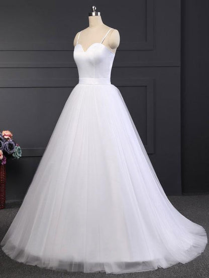 Simple Wedding Dress Tulle Sweetheart Neck Sleeveless Sash A Line Bridal Dresses