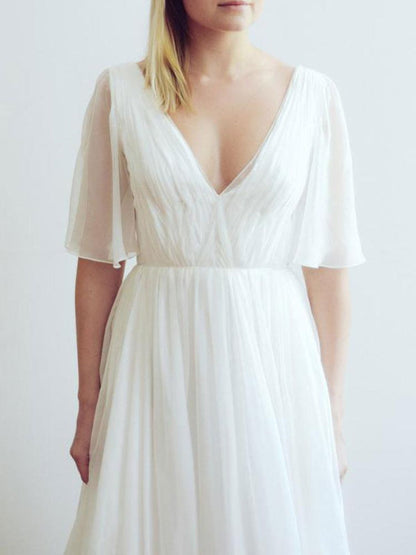 Simple Wedding Dress V Neck Half Sleeves Pleated A Line Floor Length Bridal Dresses