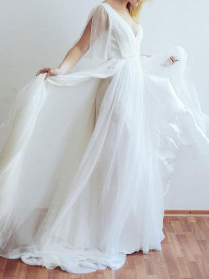Simple Wedding Dress V Neck Half Sleeves Pleated A Line Floor Length Bridal Dresses