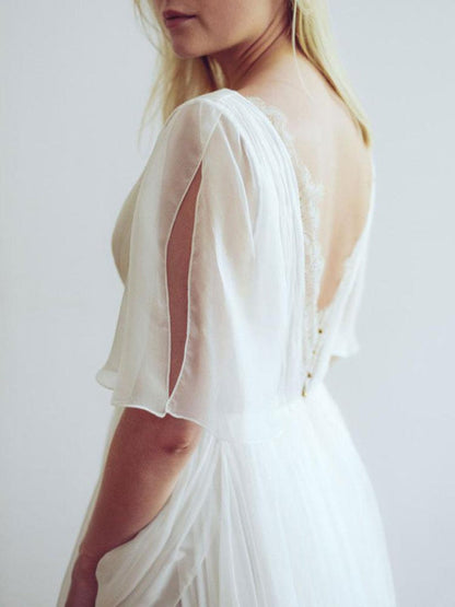 Simple Wedding Dress V Neck Half Sleeves Pleated A Line Floor Length Bridal Dresses