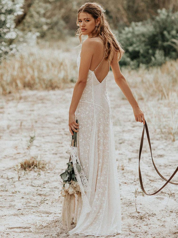 Simple Wedding Dress V Neck Straps Sleeveless Floor Length Boho Bridal Gown