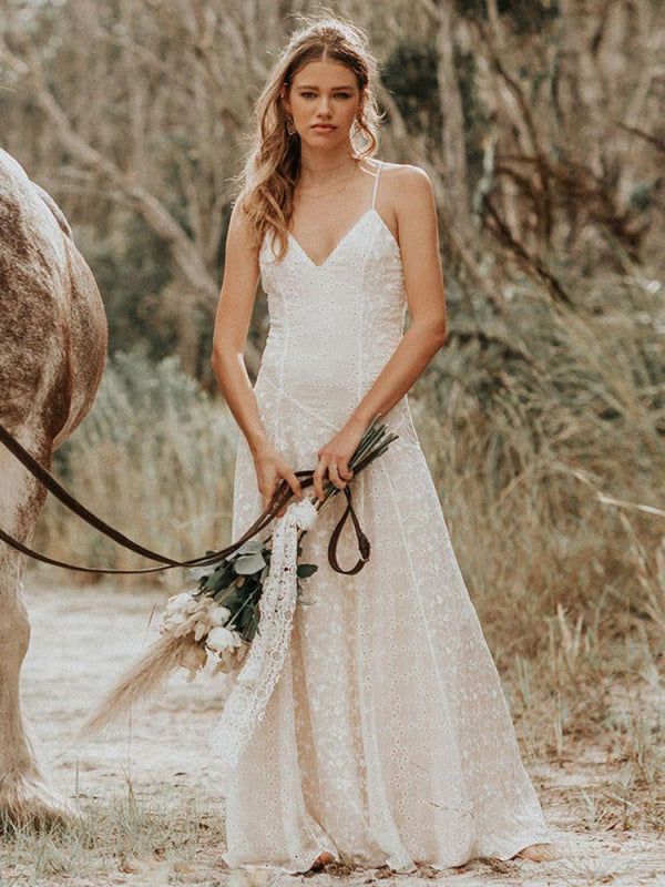 Simple Wedding Dress V Neck Straps Sleeveless Floor Length Boho Bridal Gown