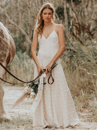 Simple Wedding Dress V Neck Straps Sleeveless Floor Length Boho Bridal Gown