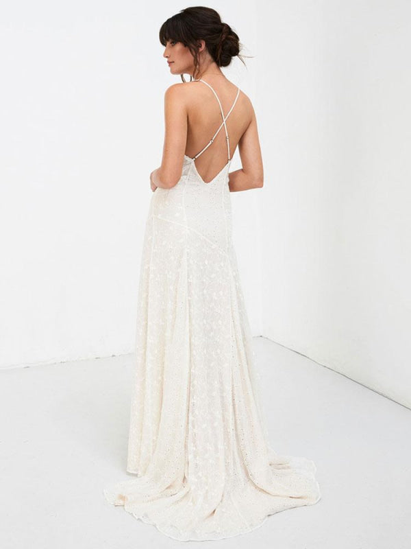 Simple Wedding Dress V Neck Straps Sleeveless Floor Length Boho Bridal Gown