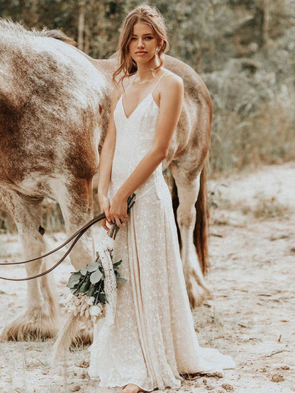 Simple Wedding Dress V Neck Straps Sleeveless Floor Length Boho Bridal Gown