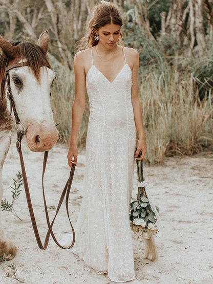 Simple Wedding Dress V Neck Straps Sleeveless Floor Length Boho Bridal Gown