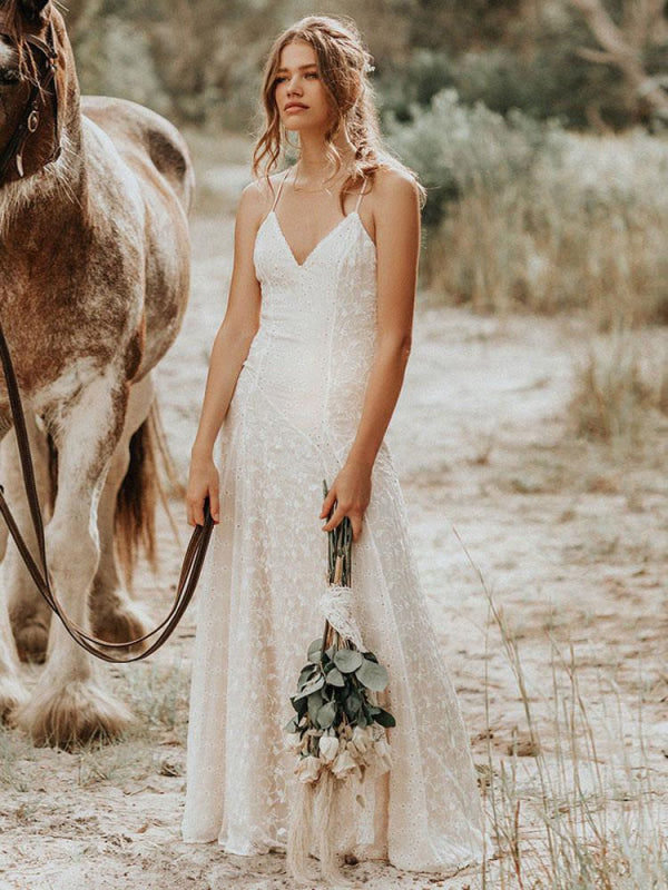 Simple Wedding Dress V Neck Straps Sleeveless Floor Length Boho Bridal Gown