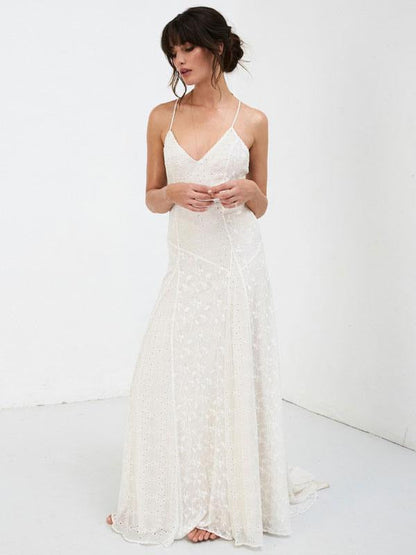 Simple Wedding Dress V Neck Straps Sleeveless Floor Length Boho Bridal Gown