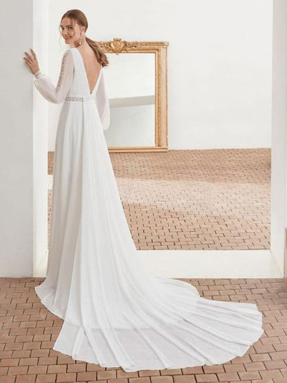 Simple Wedding Dress With Train Chiffon Halter Long Sleeves Lace A Line Bridal Dresses
