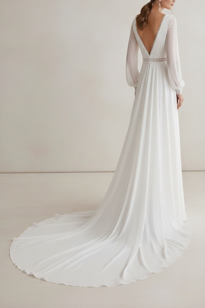 Simple Wedding Dress With Train Chiffon Halter Long Sleeves Lace A Line Bridal Dresses