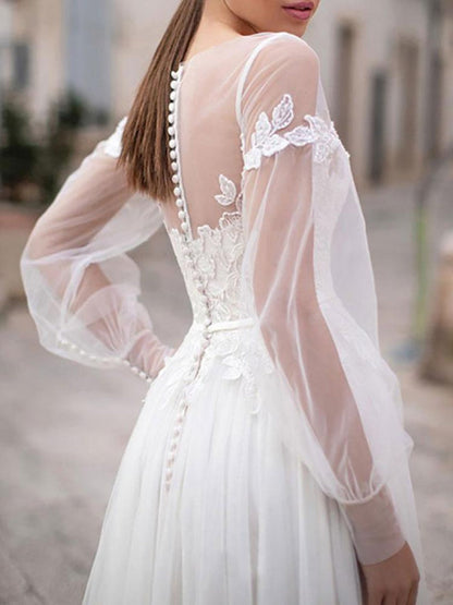 Simple Wedding Dresses A Line Illusion Neck Long Sleeve Lace Applique Tulle Boho Wedding Gowns