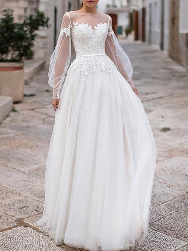 Simple Wedding Dresses A Line Illusion Neck Long Sleeve Lace Applique Tulle Boho Wedding Gowns