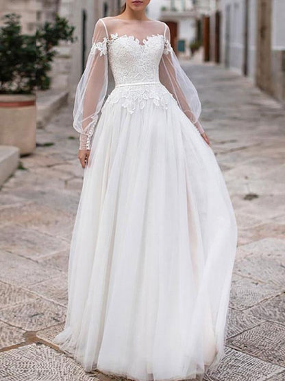 Simple Wedding Dresses A Line Illusion Neck Long Sleeve Lace Applique Tulle Boho Wedding Gowns
