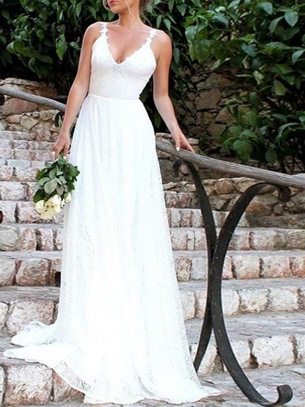 Simple Wedding Dresses A Line V Neck Straps Backless Floor Length Bridal Gowns
