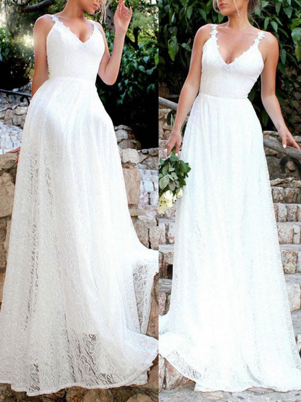 Simple Wedding Dresses A Line V Neck Straps Backless Floor Length Bridal Gowns