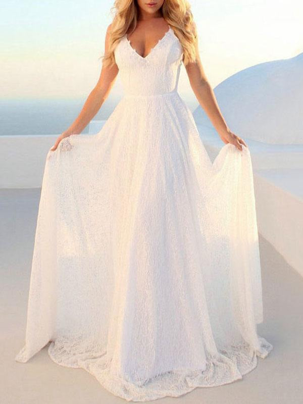 Simple Wedding Dresses A Line V Neck Straps Backless Floor Length Bridal Gowns