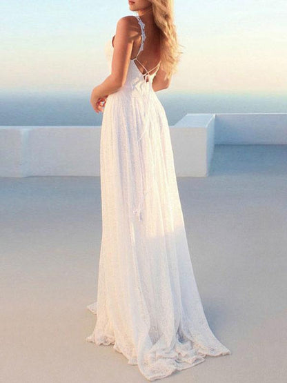 Simple Wedding Dresses A Line V Neck Straps Backless Floor Length Bridal Gowns