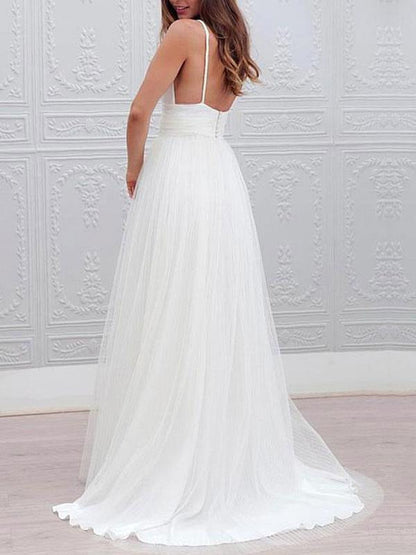 Simple Wedding Dresses A Line V Neck Straps Backless Tulle Beach Wedding Bridal Dress