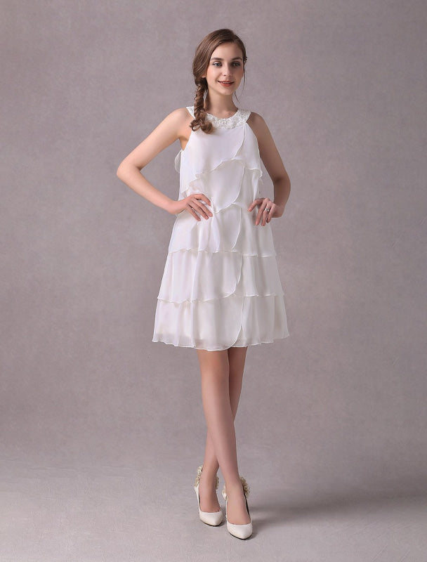 Simple Wedding Dresses Ivory Chiffon Cocktail Party Dress Beaded Tiered A Line Halter Short Bridal Dress Exclusive