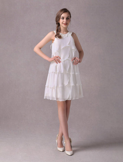 Simple Wedding Dresses Ivory Chiffon Cocktail Party Dress Beaded Tiered A Line Halter Short Bridal Dress Exclusive