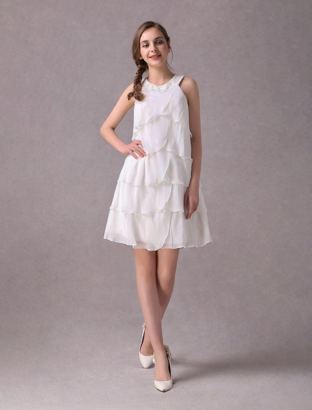 Simple Wedding Dresses Ivory Chiffon Cocktail Party Dress Beaded Tiered A Line Halter Short Bridal Dress Exclusive