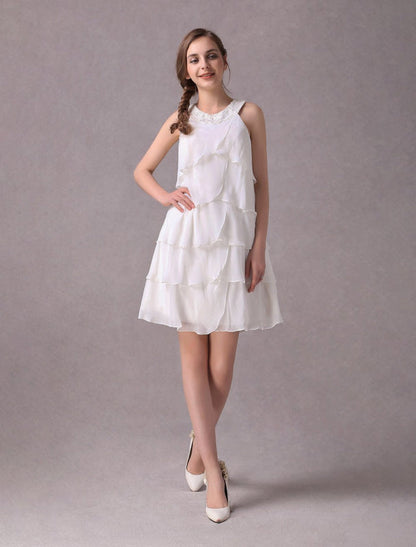 Simple Wedding Dresses Ivory Chiffon Cocktail Party Dress Beaded Tiered A Line Halter Short Bridal Dress Exclusive