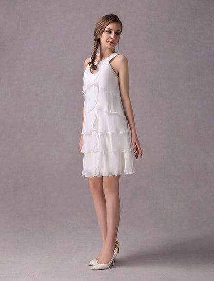 Simple Wedding Dresses Ivory Chiffon Cocktail Party Dress Beaded Tiered A Line Halter Short Bridal Dress Exclusive