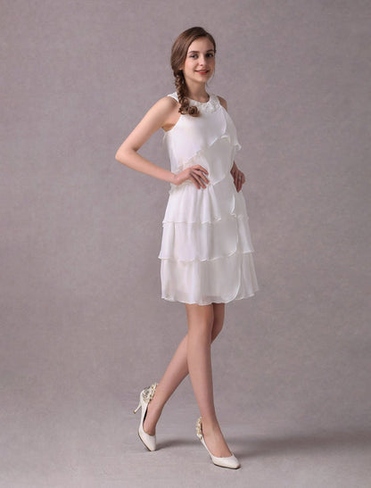 Simple Wedding Dresses Ivory Chiffon Cocktail Party Dress Beaded Tiered A Line Halter Short Bridal Dress Exclusive