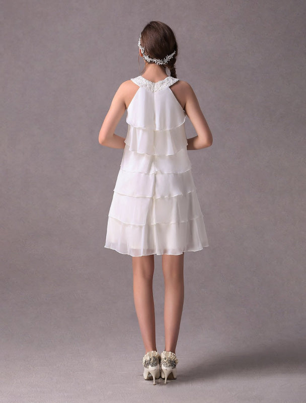 Simple Wedding Dresses Ivory Chiffon Cocktail Party Dress Beaded Tiered A Line Halter Short Bridal Dress Exclusive